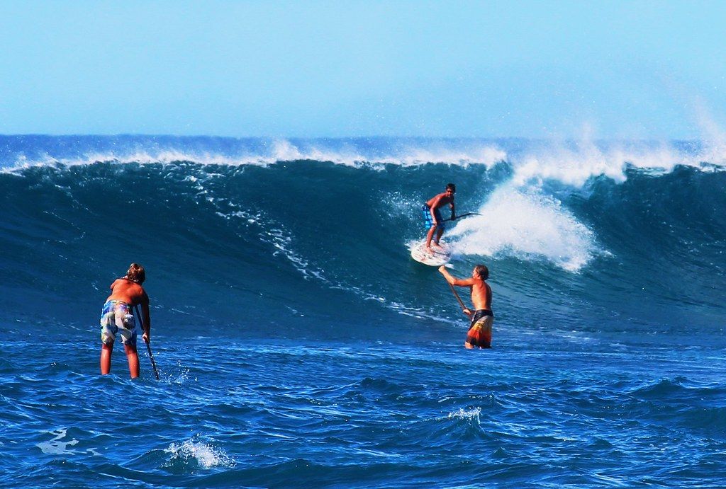 A standup paddle surfer riding a wave